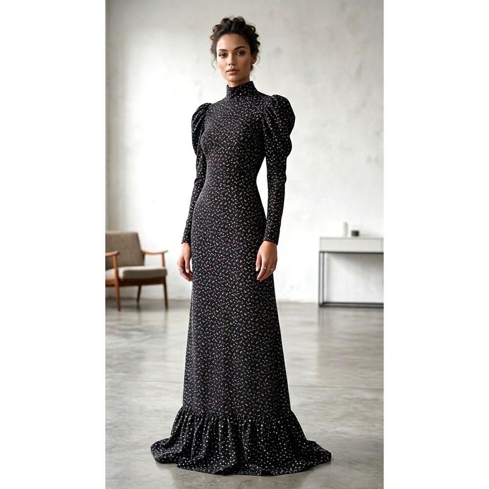 Vintage 60s Floral Dress XS Victorian Revival Maxi Black Gothic Prairie Handmade